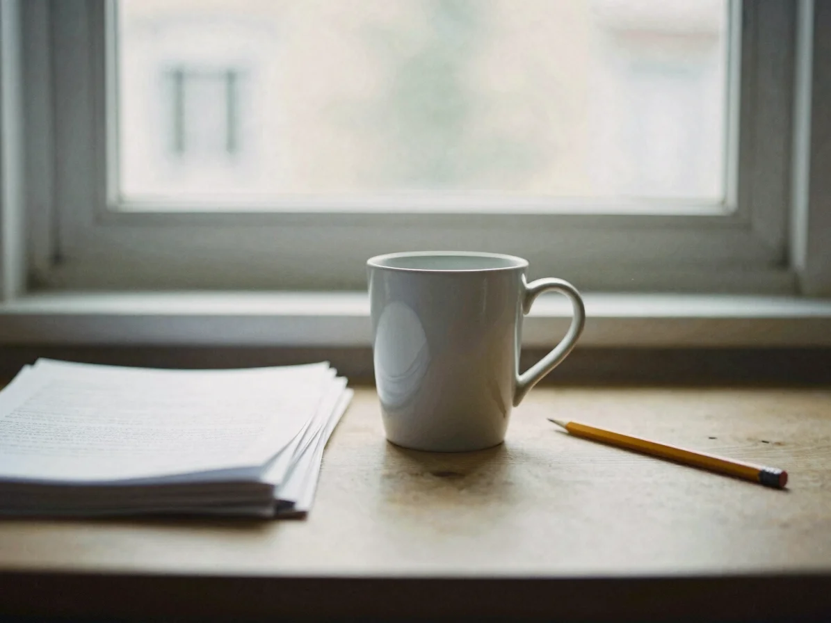 Editorial still life of a plain ceramic cup beside stacked paper