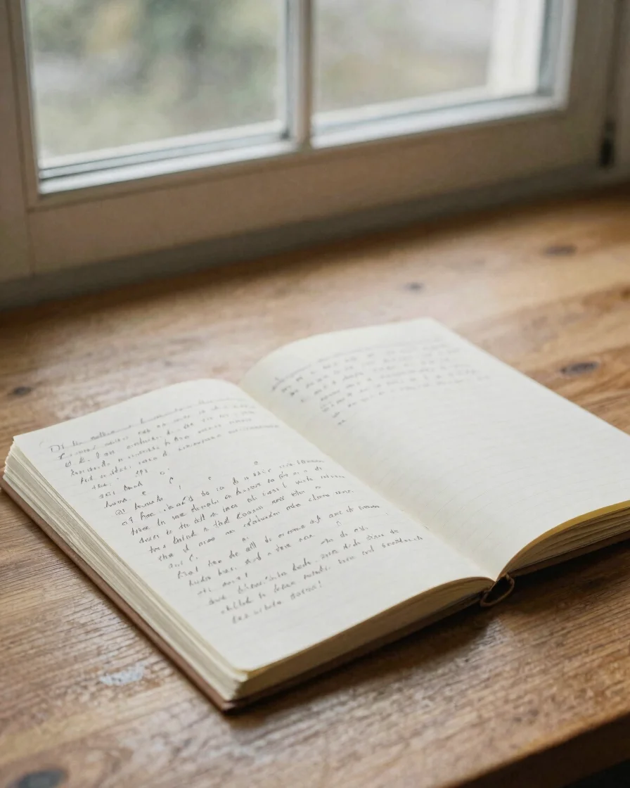 editorial photography, a real writer's wooden desk by a window, o