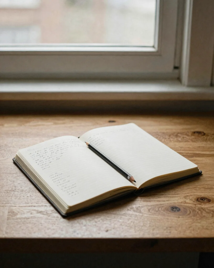 Editorial photography of a plain wooden desk by a window in soft daylight, an open notebook with handwritten pages, a pe